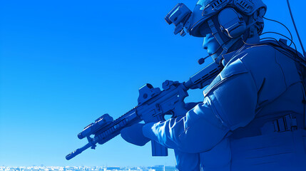 Soldier Holding Rifle with Blue Sky Copy Space