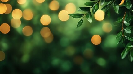 Wall Mural - A close-up of lush green leaves with a blurred background of golden bokeh lights.