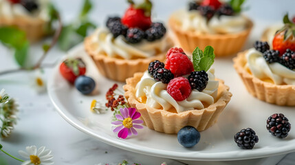 Canvas Print - Delicious Fruit Tarts with Whipped Cream and Berries