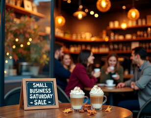 cozy cafe gathering during small business saturday sale with friends and lattes