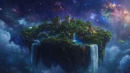 A mysterious island floating in space, with lush forests, rivers, and waterfalls surrounded by the stars of the universe.