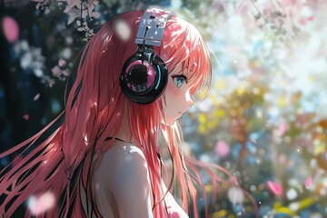 Poster - Anime girl with pink hair and headphones listening to music in a field of flowers