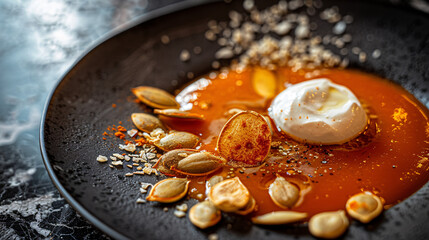 A horizontal and close-up capture of a spicy pumpkin soup topped with roasted seeds and a dollop of sour cream. The black marble background and warm shadows add a sophisticated touch. 