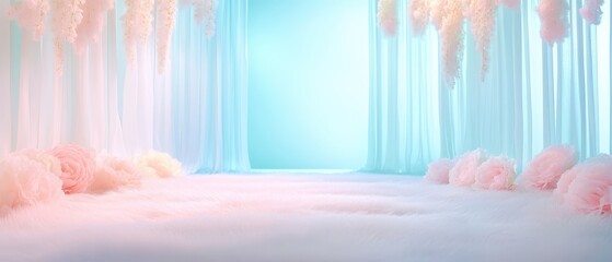 Wall Mural - a long hallway with pink and white curtains and pink flowers