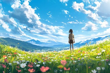 Anime girl standing on a hilltop meadow with a beautiful landscape, blue sky, and clouds in the background