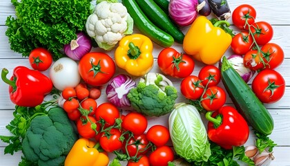 Vibrant Display of Fresh Vegetables on White Wooden Background Symbolizing Health and Nutrition