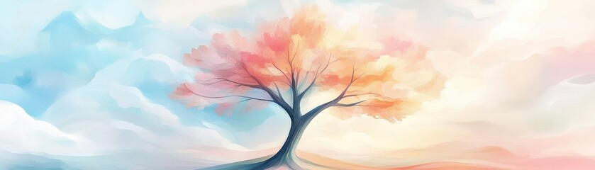 Wall Mural - A tree is painted in a watercolor style with a blue sky in the background