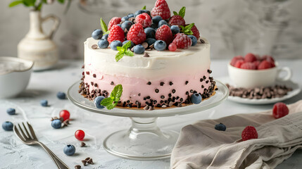 Sticker - Delicious Pink and White Cake with Berries and Chocolate