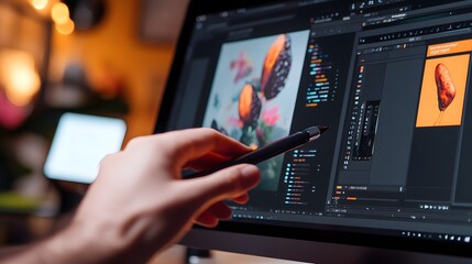 hands using digital tools for creative workflow on computer screen