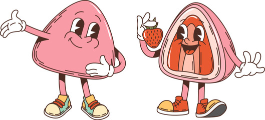 Wall Mural - Retro groovy japanese daifuku mochi dessert characters. Isolated cartoon vector pink candy personages with strawberry and smiling faces, wearing shoes, and gesturing, evoking a playful and fun vibe