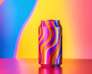 A colorful soda can against a vibrant abstract background, showcasing playful waves of color and modern design.