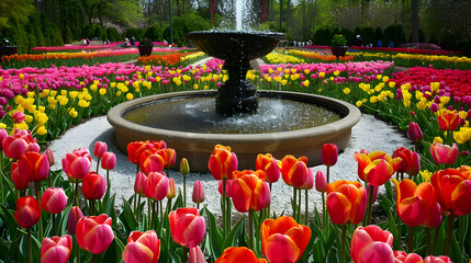 Poster - Colorful Tulips Blooming Around a Fountain in a Garden