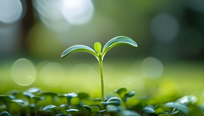 Wall Mural - Emerging green grass seedlings sprouting in a future lawn area with a close-up view and shallow depth of field