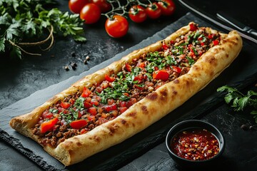 Wall Mural - Turkish pide with minced lamb, tomatoes, bell peppers. Traditional dish. Against a background of black stone.