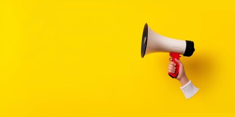 Hand holding a white megaphone against a bright yellow background, symbolizing communication, announcement, or promotion.