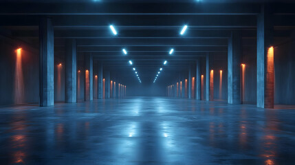 Wall Mural - 3D Rendering - Neon Lights in Concrete Corridor