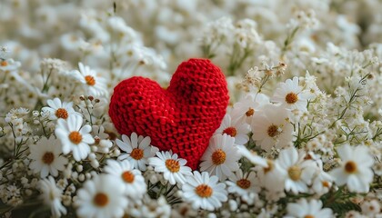 Wall Mural - Red Knitted Heart Nestled Among White Flowers Symbolizing Love, Nature, Tenderness, Hope, and New Beginnings