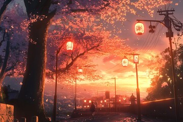 Sticker - Anime style fantasy landscape with cherry blossom trees, lanterns, and sunset