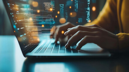 Hands typing on a laptop computer with code on the screen.