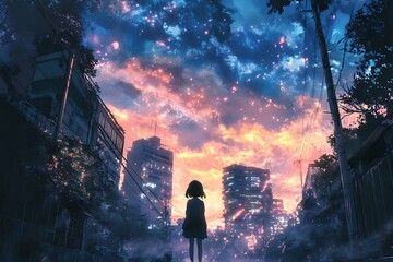 Wall Mural - Anime girl standing in a cityscape at night, gazing up at a vibrant sky filled with stars and lights