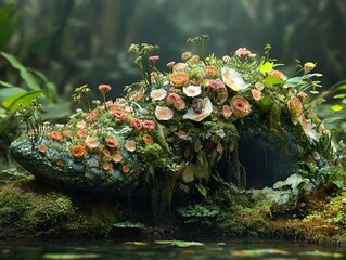 Poster - Enchanted Forest: Moss Covered Rock with Delicate Flowers