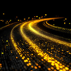 digital road illuminated by yellow matrix of binary code. digital winding road isolated on black background, generative ai
