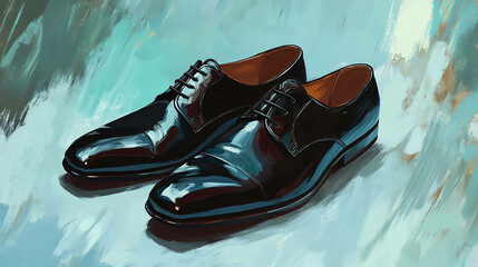 A painting of a pair of black leather dress shoes.