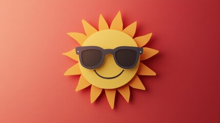 Smiling sun with sunglasses paper cut on red background ideal for summer-themed children’s posters or beach visuals