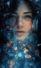 Poster - Mystical Portrait of Woman Surrounded by Abstract Shapes and Glowing Lights. Digital Art