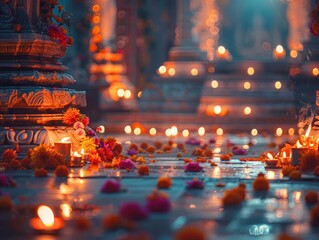 banner background of Navratri Day  [A serene temple setting with a beautifully lit backdrop of candles, flowers, and sacred offerings, symbolizing the spiritual significance of Navratri] 