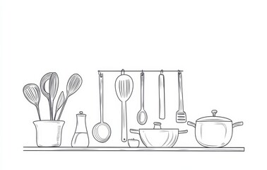 Wall Mural - One-line drawing style of kitchen utensils and pots