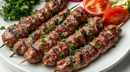 Wall Mural - Grilled Skewers of Meat with Parsley and Tomatoes