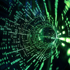 A matrix background with a dynamic flow of binary code through a circle gateway, generative ai
