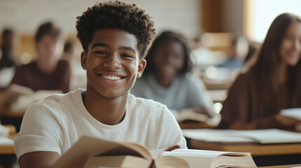 Cheerful teenage student seated at a classroom desk, surrounded by books and papers, while other students in the background socialize during a break, capturing a vibrant academic e