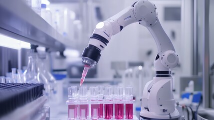 A robotic arm is dispensing liquid into laboratory vials, showcasing automated technology in a scientific research environment.