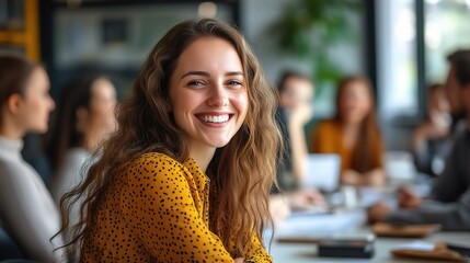 Poster - Confident and Radiant:  A young woman in a yellow polka-dot shirt beams with confidence and joy as she sits in a meeting with colleagues. Her smile radiates optimism and success. 