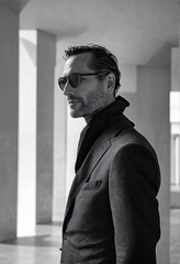 A Man of Mystery: A stylish man in a suit and sunglasses, looking away from the camera, exudes an aura of confidence and intrigue in this black-and-white portrait.  