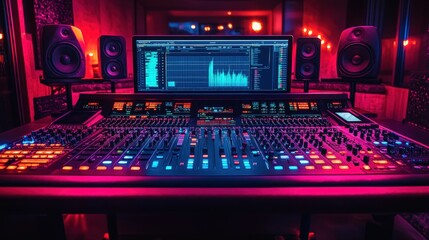 A vibrant music studio with a digital mixing console and audio equipment.