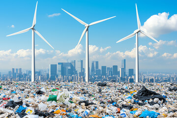 Wind turbines on garbage heap with urban skyline in background.