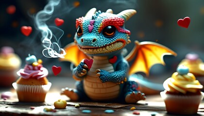 Charming chubby dragon in a vibrant mask exhaling heart-shaped smoke rings, delightfully surrounded by a feast of mini cupcakes