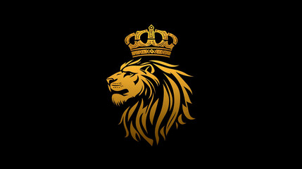 A golden lion with a crown on its head is featured against a black background.