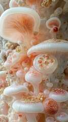 Poster - Macro Photography of Delicate Pink and White Mushrooms