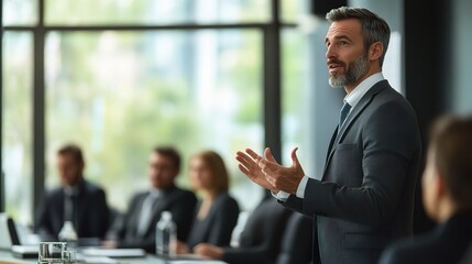 Poster - The Power of Persuasion: A confident CEO delivers a captivating presentation to his attentive team in a modern office, inspiring with vision and leadership. 