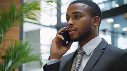 Wall Mural - Corporate Communication: A focused Black businessman in a power suit conducts a serious phone call