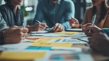 Poster - Strategic Minds in Sync: A close-up captures the focused intensity of a business team's hands collaborating on a table covered in charts, notes, and strategic plans. 