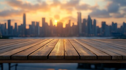 Wooden Tabletop Overlooking a Blurred Cityscape at Sunset