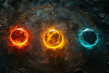 The four elements – fire, water, earth, and air – represented by glowing orbs in a ritual circle