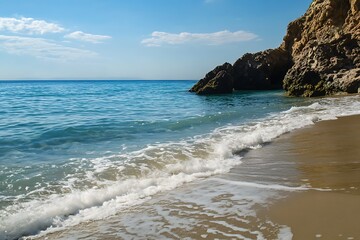 Calm turquoise ocean water lapping onto a sandy beach with rocks on the shore under a bright blue sky