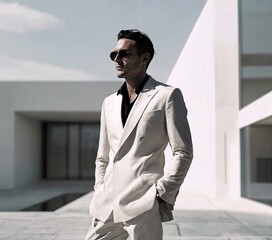 Sophisticated Elegance: A man in a crisp, white suit and sunglasses stands confidently in front of a modern architectural backdrop, exuding an air of refined style and understated luxury.  