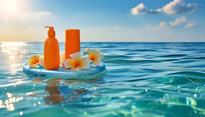 Sunscreen tube floating in clear blue sea under sunny skies